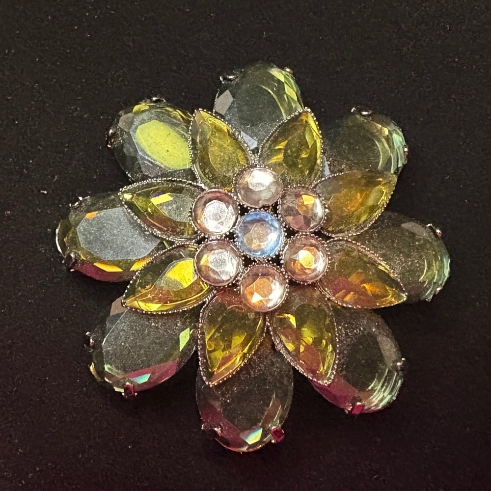 Vintage Style Layered Flower Brooch Olive Green Chartreuse Iridescent Statement - Picture 2 of 7